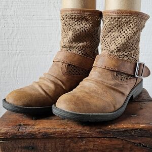 Slouchy moto boot - leather & crochet, Cognac, Women's size 9.